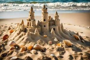 ai generado un arena castillo en el playa con conchas y conchas marinas foto