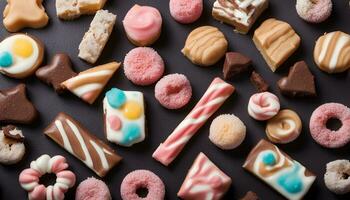 AI generated assorted sweets on a black background photo