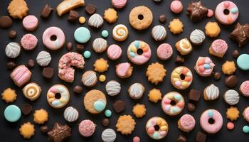 AI generated assortment of colorful cookies and pastries on a black background photo