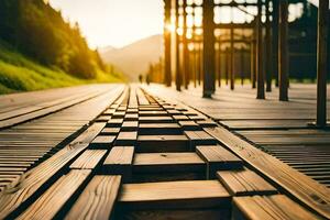 AI generated a wooden bridge with the sun setting behind it photo