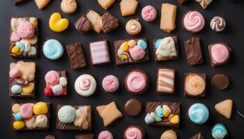 AI generated assorted sweets on a black background photo