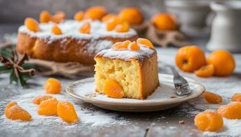 ai generado un pedazo de pastel con naranja rebanadas en un plato foto