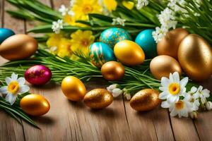 AI generated easter eggs and flowers on a wooden table photo
