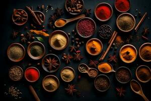 AI generated spices and herbs in bowls on a black background photo