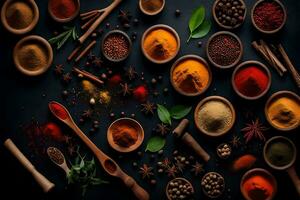 AI generated various spices and herbs are arranged in bowls photo