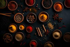 AI generated various spices and herbs in bowls on a black background photo