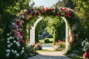 AI generated a beautiful archway with flowers and greenery photo