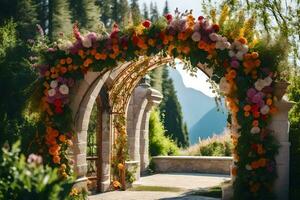 AI generated an archway decorated with flowers in the mountains photo