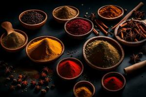 AI generated various spices and herbs in bowls on a black background photo