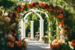 AI generated an archway with orange and red flowers photo