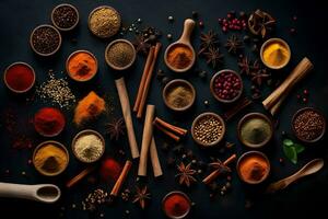 AI generated various spices and herbs are arranged in bowls photo