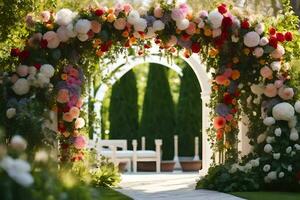 ai generado un Boda arco decorado con flores foto