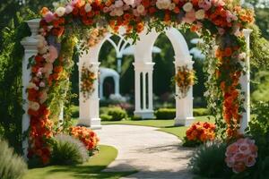 AI generated an archway with flowers and greenery photo