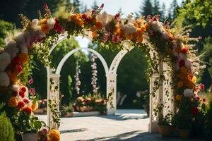 AI generated an archway with flowers and greenery photo