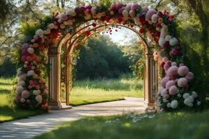 AI generated a wedding arch made of flowers in the grass photo