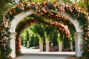 ai generado un hermosa arco con flores en eso foto