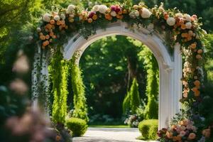 AI generated an archway with flowers and greenery photo