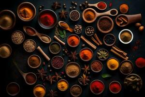 AI generated various spices and herbs in bowls on a black background photo