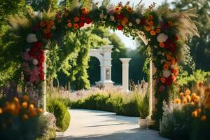 AI generated an archway with flowers and greenery photo