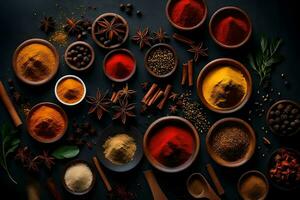 AI generated spices and herbs in bowls on a black background photo