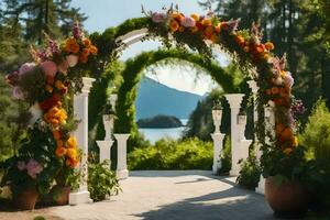 AI generated an archway with flowers and a lake in the background photo