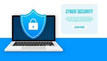 Cyber security vector logo with shield and check mark. Vector illustration