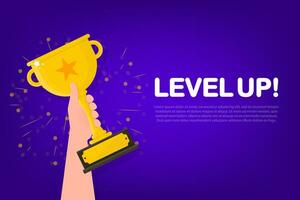 Level up icon. Golden star with text and glowing effects. Banner vector. Level up game vector