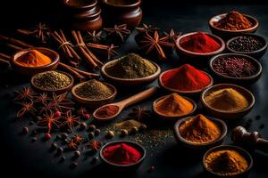 AI generated various spices and spices in bowls on a black background photo