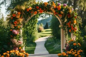 AI generated an archway decorated with flowers and orange and pink flowers photo