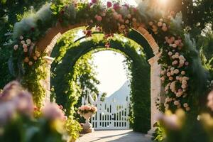 AI generated an archway with flowers and greenery photo