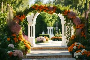 AI generated an archway with orange flowers and white flowers photo