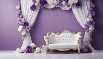 ai generado un púrpura habitación con un blanco silla y flores foto