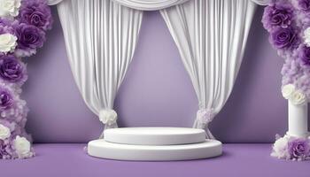 AI generated purple wedding stage with white curtains and flowers photo