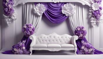 AI generated a white couch with purple curtains and flowers photo