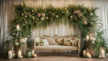 AI generated a couch covered in green plants and candles photo