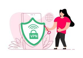 un hombre soportes cerca el teléfono inteligente, en el pantalla vpn icono. virtual privado red. vector