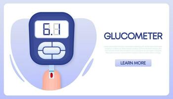 Poster with Glucometer icon. Device for testing and monitoring level of sugar or glucose in blood. vector