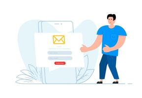 un hombre soportes cerca el teléfono inteligente, en el pantalla suscripción a Boletin informativo, correo electrónico márketing vector
