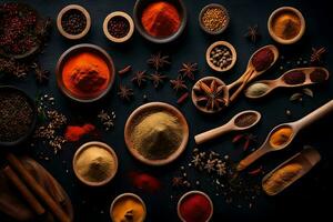 AI generated various spices and spices on a black background photo