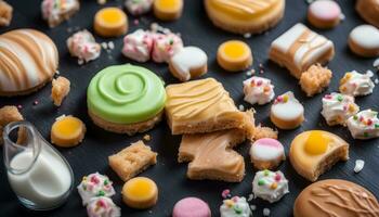 AI generated assorted cookies and sweets on a black background photo