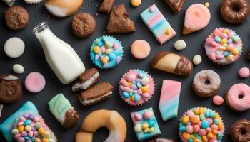 AI generated various colorful sweets and milk on a dark background photo