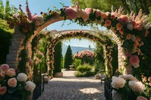 AI generated a wedding archway with pink flowers and green foliage photo