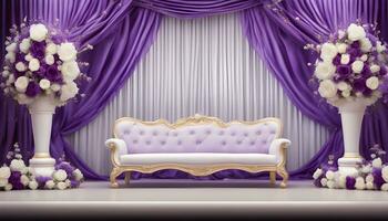 ai generado un púrpura y blanco etapa con un sofá y flores foto
