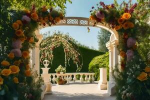 AI generated a wedding archway with flowers and greenery photo