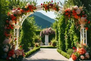 AI generated an archway with flowers and greenery in the background photo