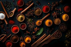 AI generated various spices and herbs in bowls on a black background photo