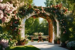 AI generated a garden archway with flowers and plants photo