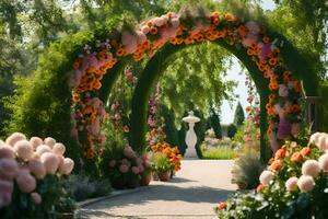 AI generated a garden archway with flowers and plants photo