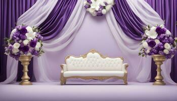 ai generado púrpura y oro Boda etapa con un sofá y flores foto
