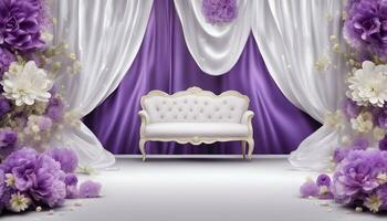 ai generado púrpura y blanco habitación con un blanco silla y flores foto
